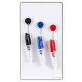 White magnetic dry erase board with three markers: black, blue, red