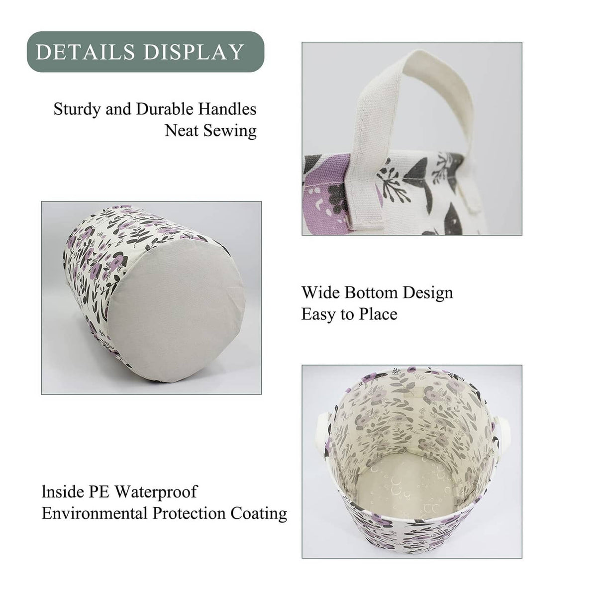 Collapsible laundry basket details: wide bottom and handles, white with purple floral print.