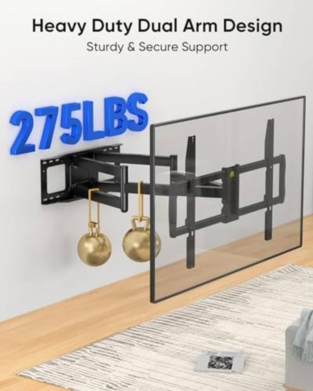 Heavy duty dual arm TV wall mount bracket with mounting plates, black