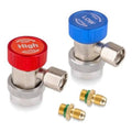 Two refrigerant adapter couplers with red high-closed and blue low-closed knob caps