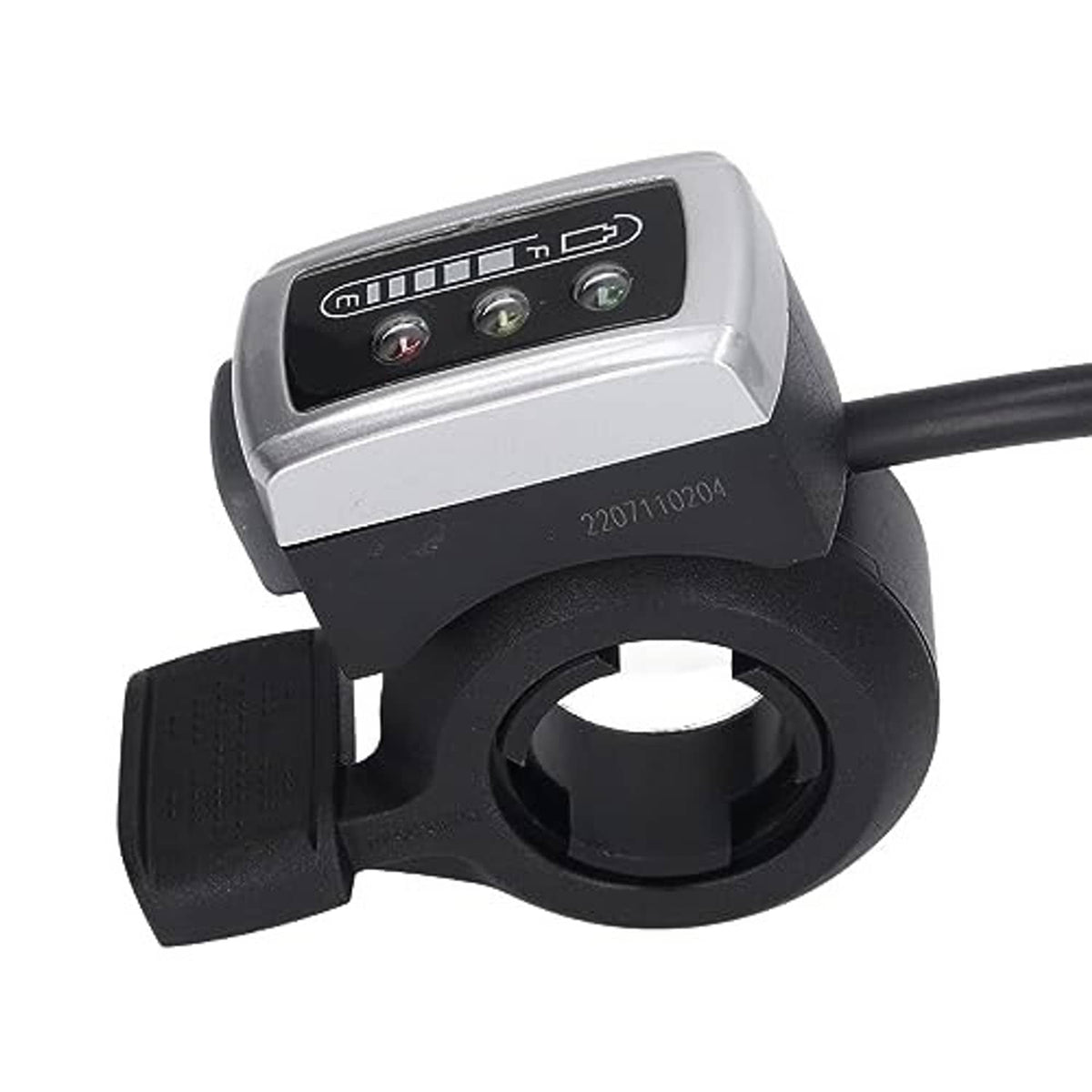 Thumb throttle for electric scooter with silver housing and 3 indicator lights