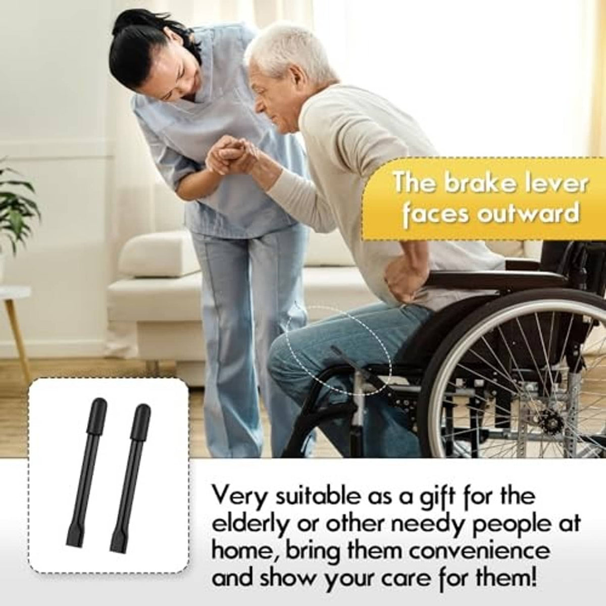 Black wheelchair brake lever extenders, two-piece set with rubber top caps