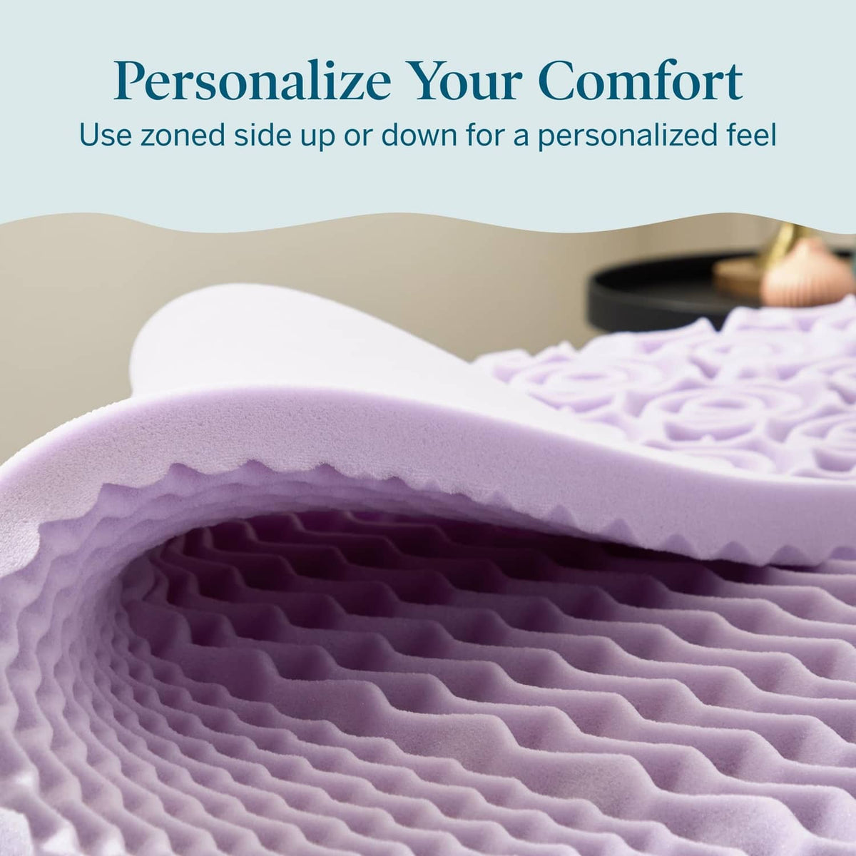 Lavender memory foam topper close-up, wavy ridged cushioning surface