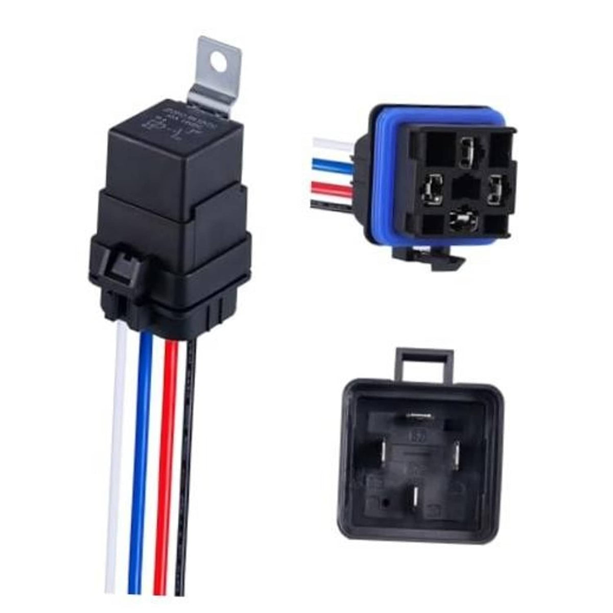 4-pin waterproof DC relay module with black housing and blue, red, white wiring harness