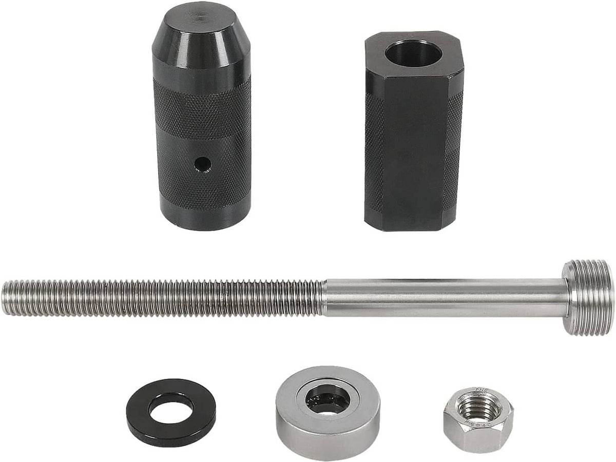 Injector sleeve remover tool set: textured black sleeves with threaded steel rod and caps