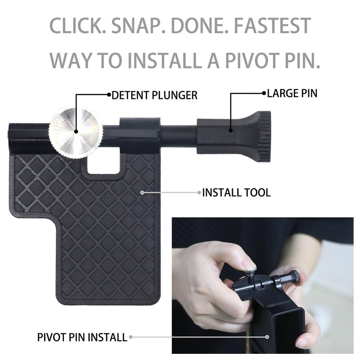 Pivot pin install tool with silver detent plunger and large pin, black textured pad.