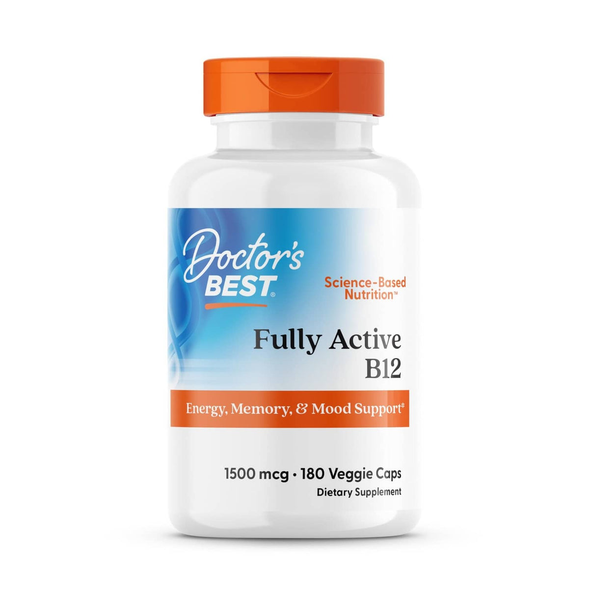 Vitamin B12 supplement bottle with orange cap, Fully Active B12, 1500 mcg