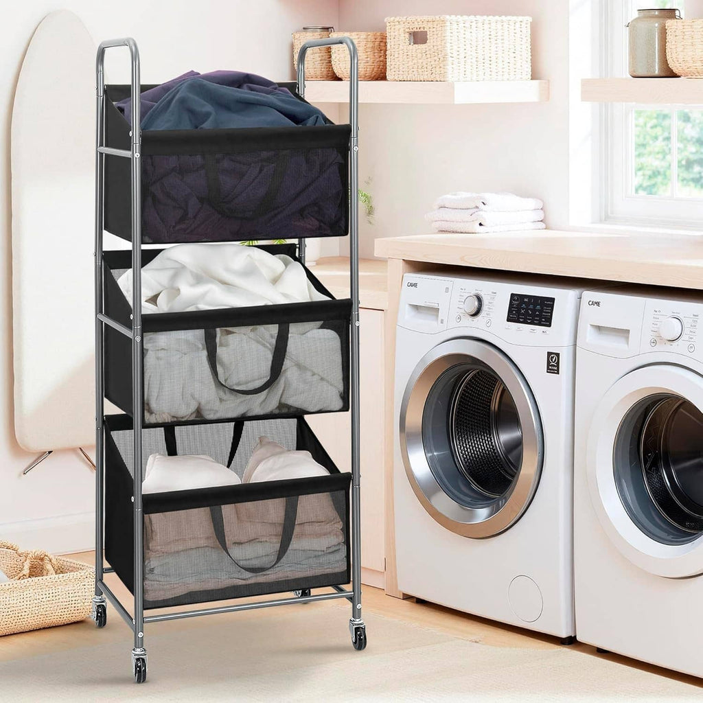 3-tier rolling laundry hamper with black mesh bags beside a washing machine