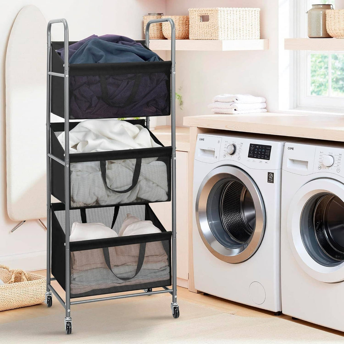 3-tier rolling laundry hamper with black mesh bags beside a washing machine