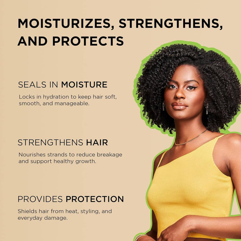 Hair oil promotional graphic with curly-hair model portrait