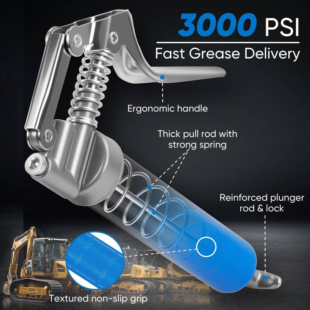 Chrome and blue 3000 PSI grease gun with spring-loaded pull rod and lock