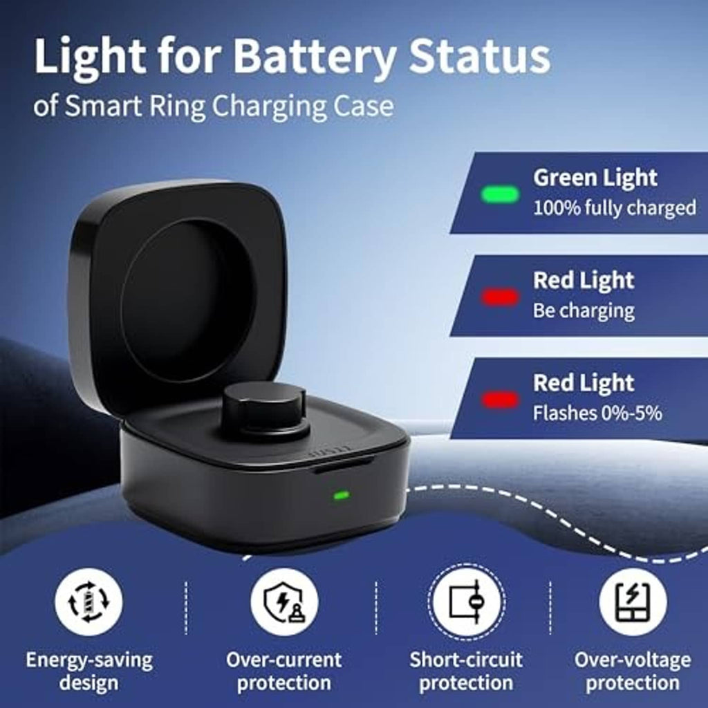 Black charging case showing green indicator light on the front
