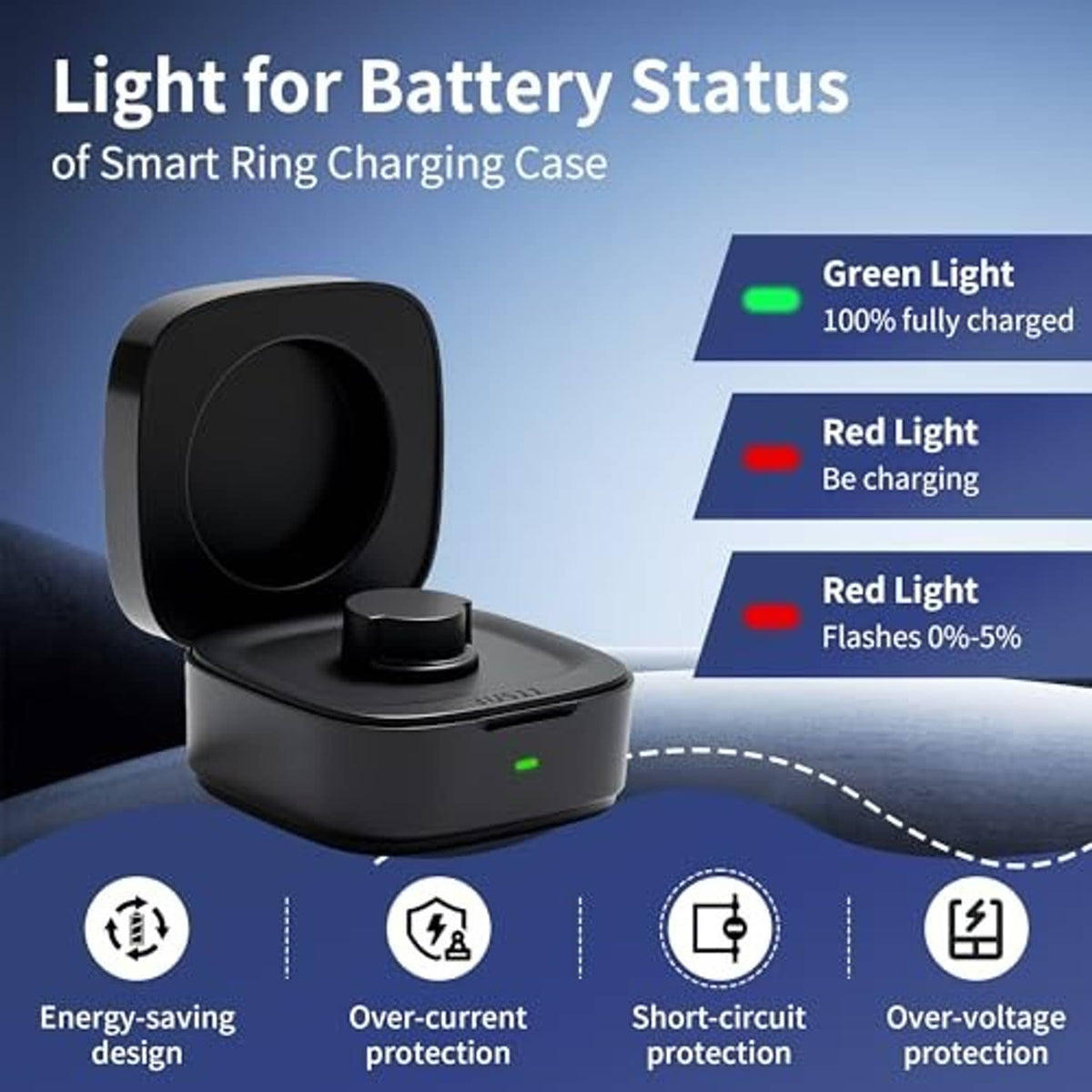 Black charging case showing green indicator light on the front