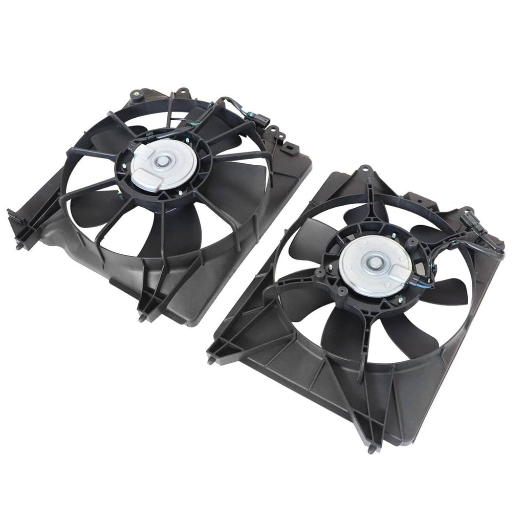 Two cooling fan assemblies shown from angled view, black shrouds with silver motor hubs
