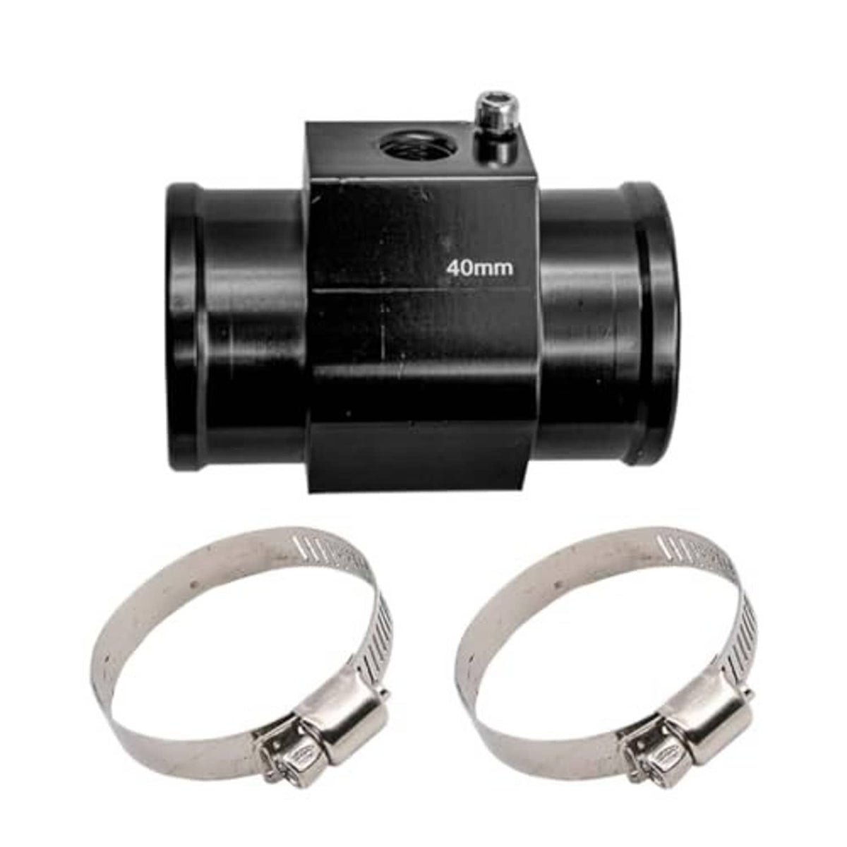 Black 40mm water temperature sensor joint pipe with two included metal hose clamps