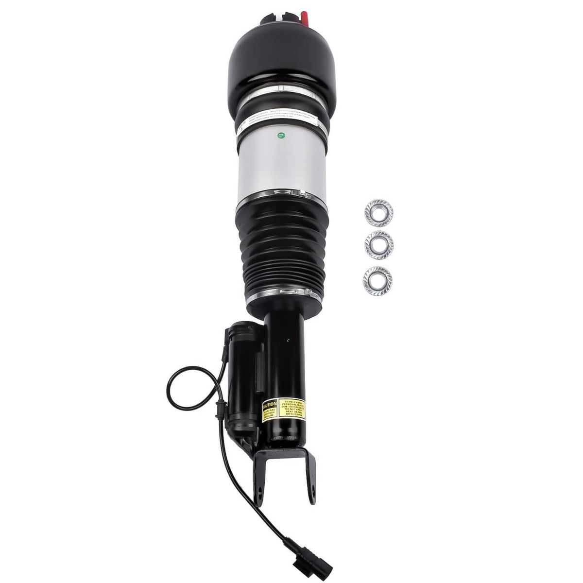 Air suspension strut top view with black bell housing, silver tube, coils, and wiring connector
