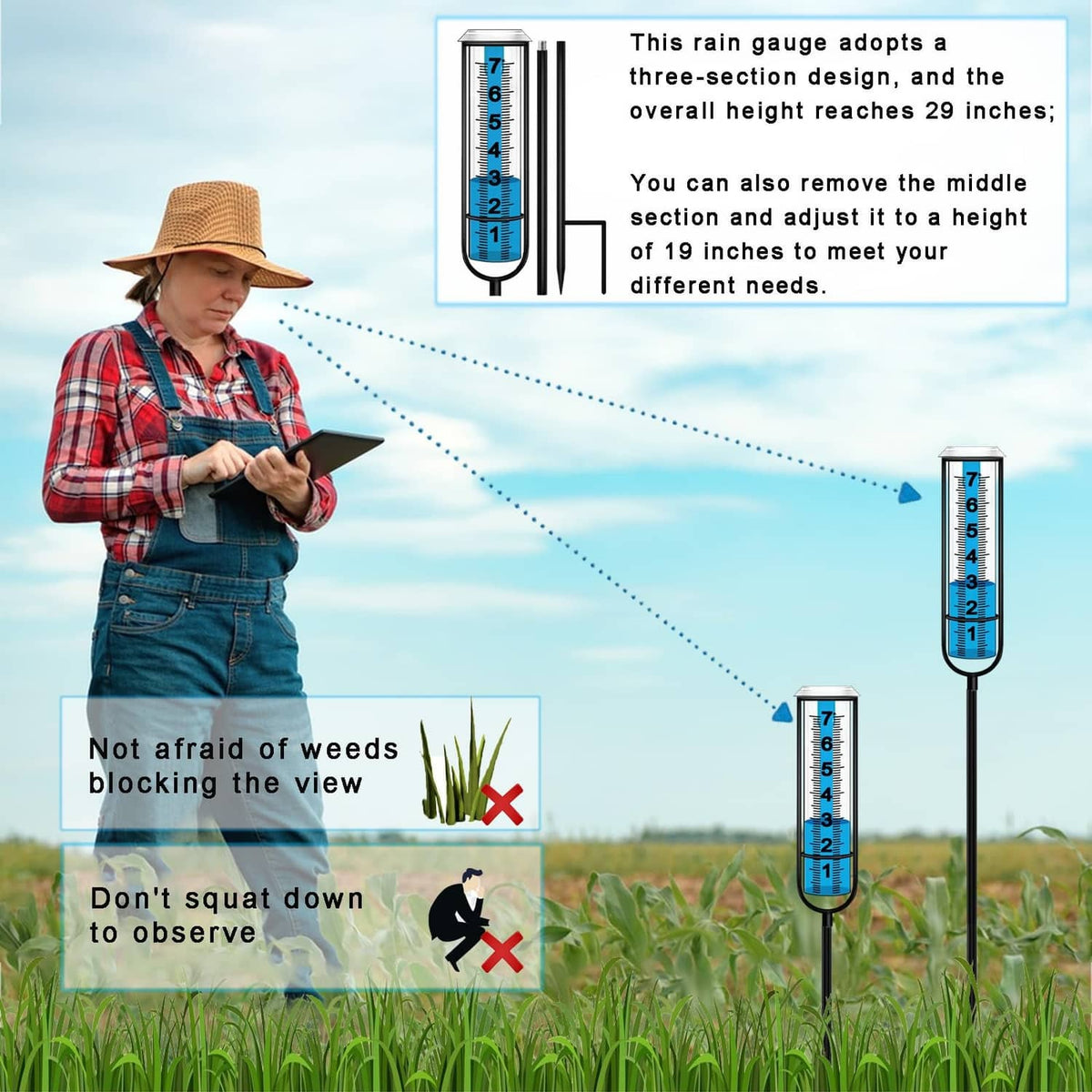 Outdoor rain gauge with blue measurement tube on stake beside standing person