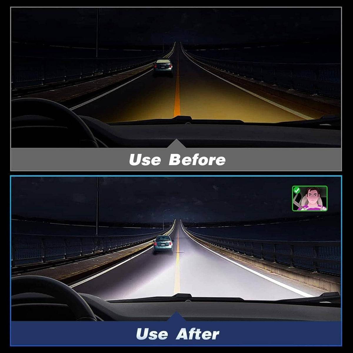 HID headlight ballast light output before and after on a road at night