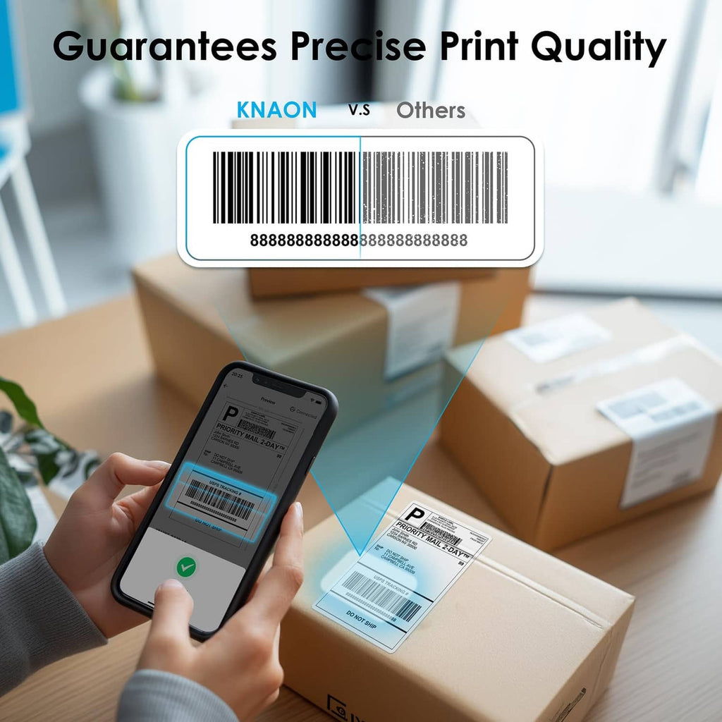 Thermal label printer printing barcode label with phone showing print status check