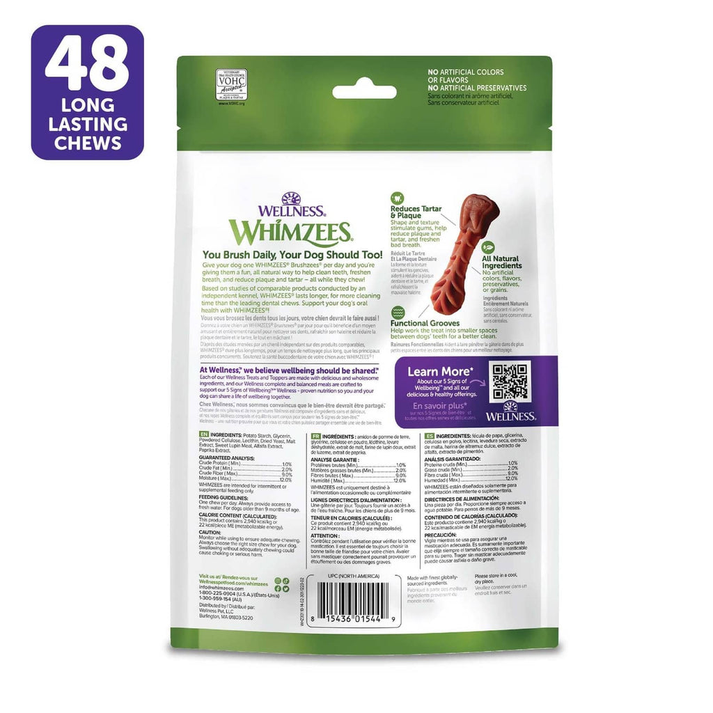 Back of Whimzees Wellness dental treats pouch with 48 long lasting chews information