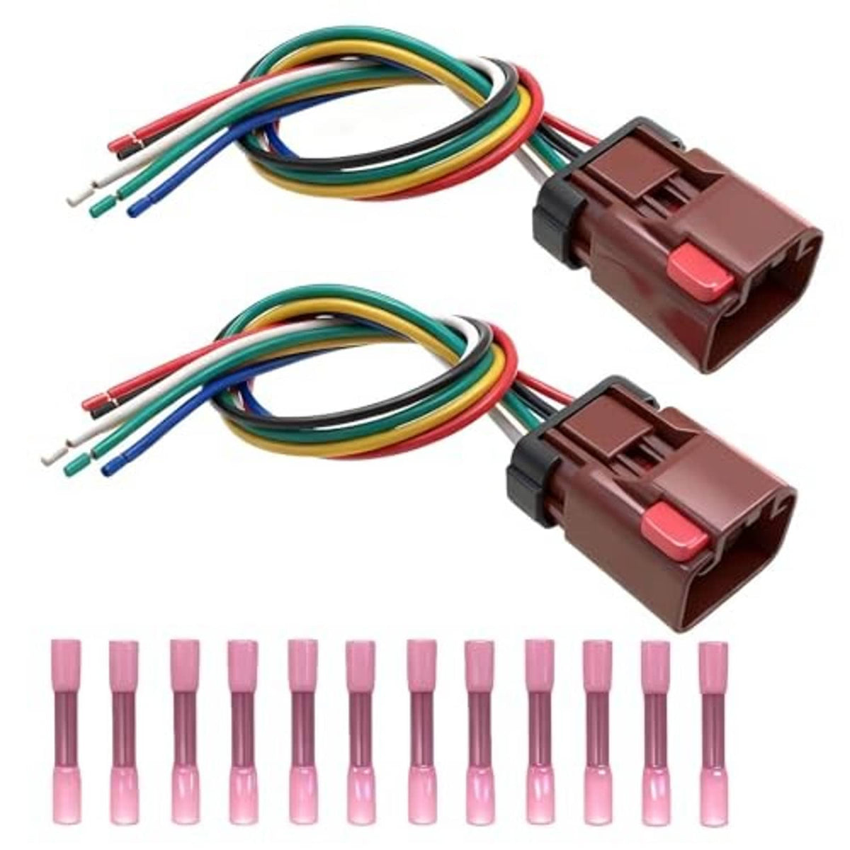 Tail light wiring pigtail harness with two brown 6-pin connectors, multicolor wire leads, pink caps