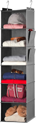 Gray hanging closet organizer with 6 shelves holding folded clothes and shoes