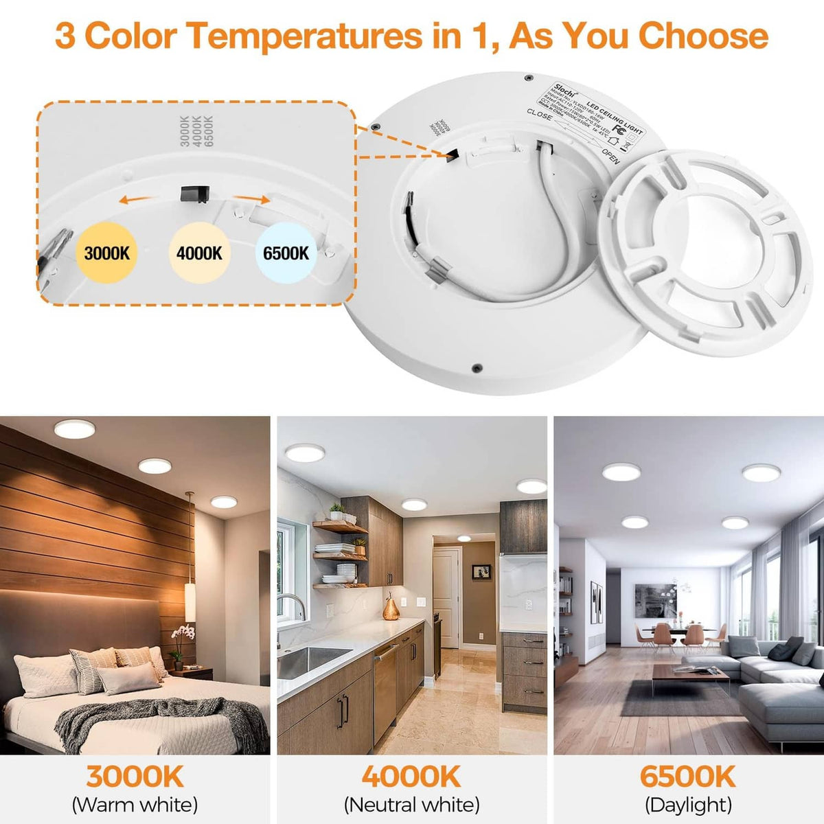 White LED flush mount light underside showing 3 color temperature options