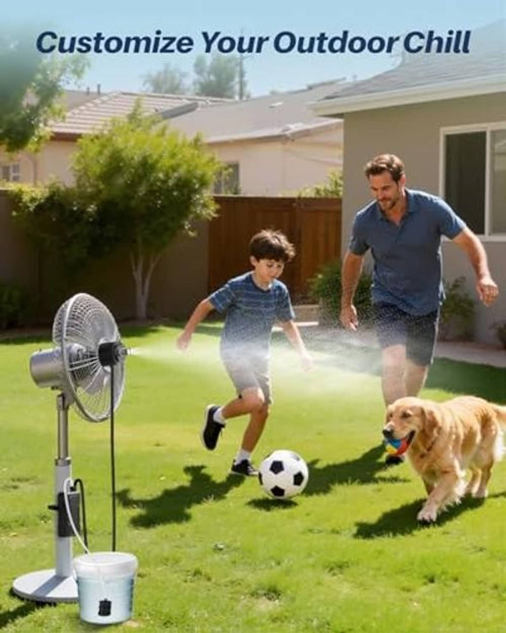 Outdoor misting fan with hose and water bucket for cooling yard activities