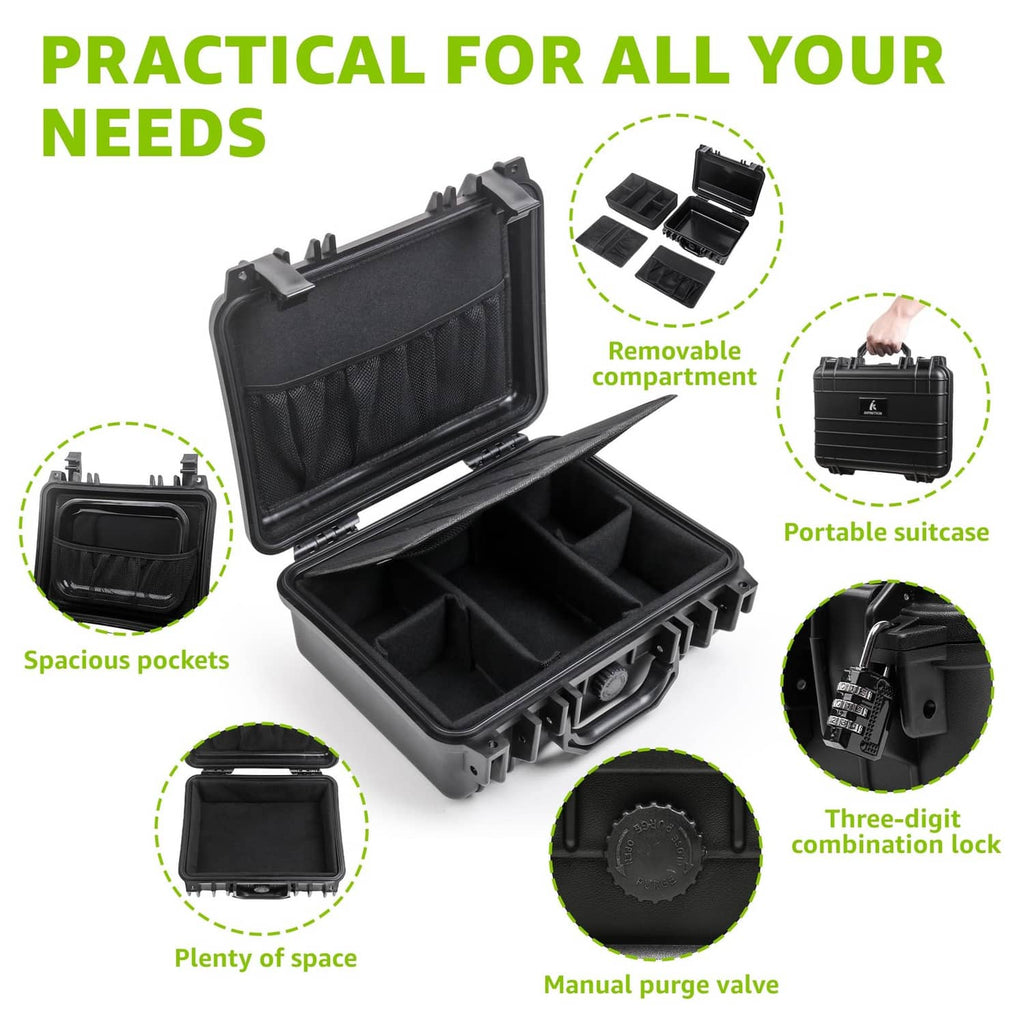 Black smell proof case open with divider pockets and removable insert compartments