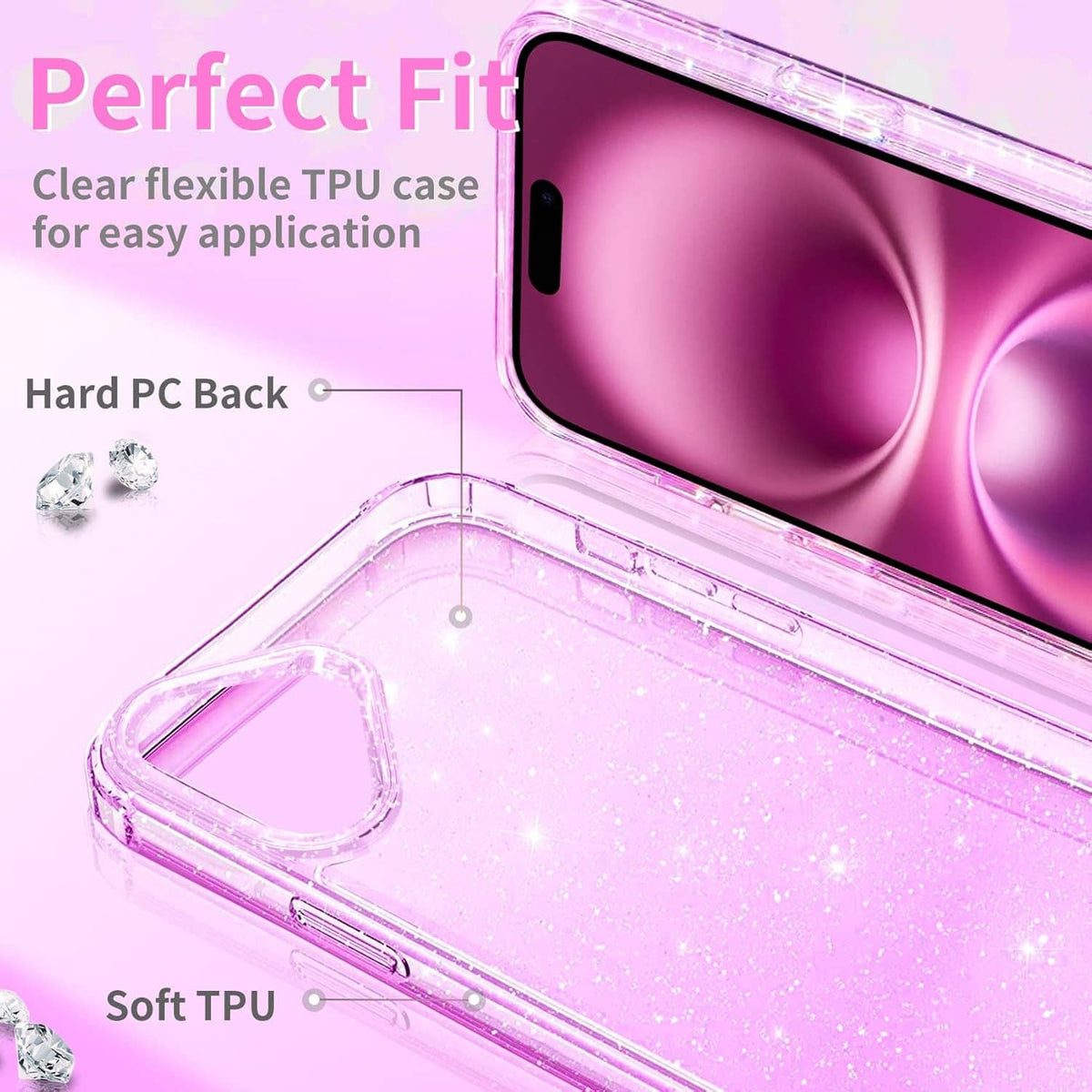 Clear glitter hard case with pink sparkles, raised edges, and camera cutout