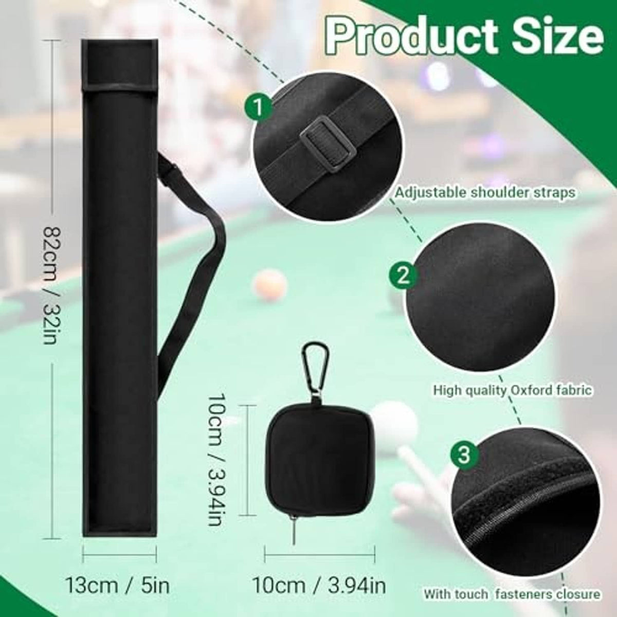 Black pool cue case with adjustable shoulder strap and touch-fastener closure pouch