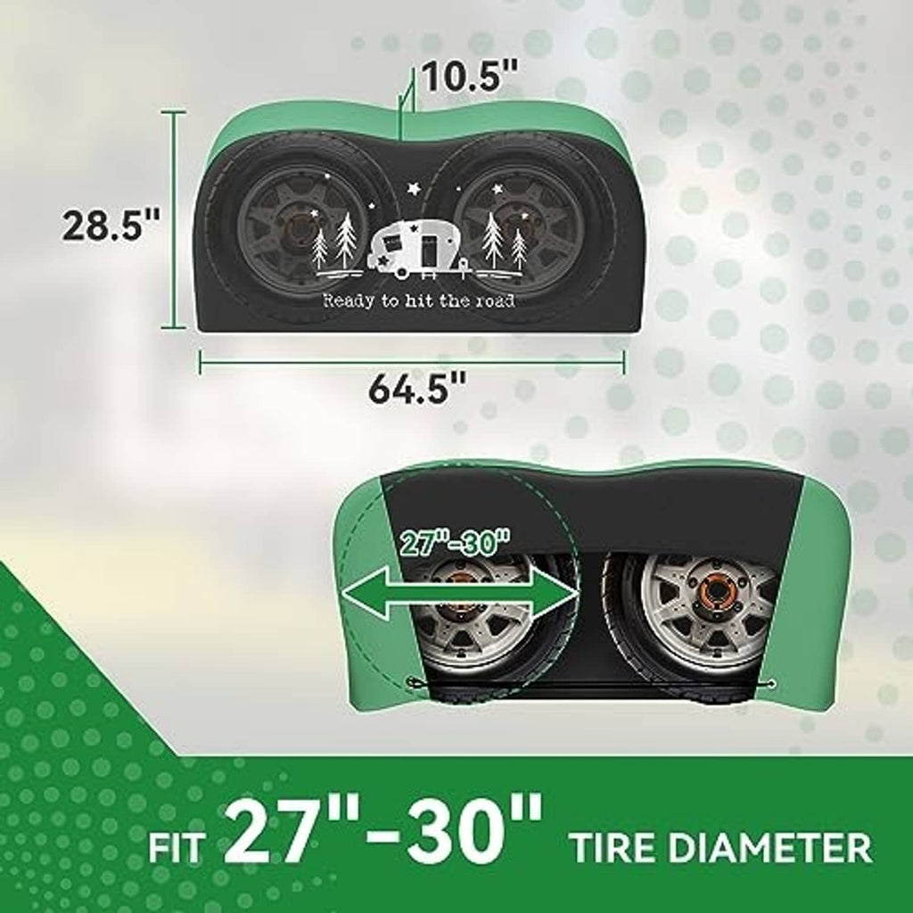 Dual-axle RV tire covers in black with green trim, sized for 27–30 in tires