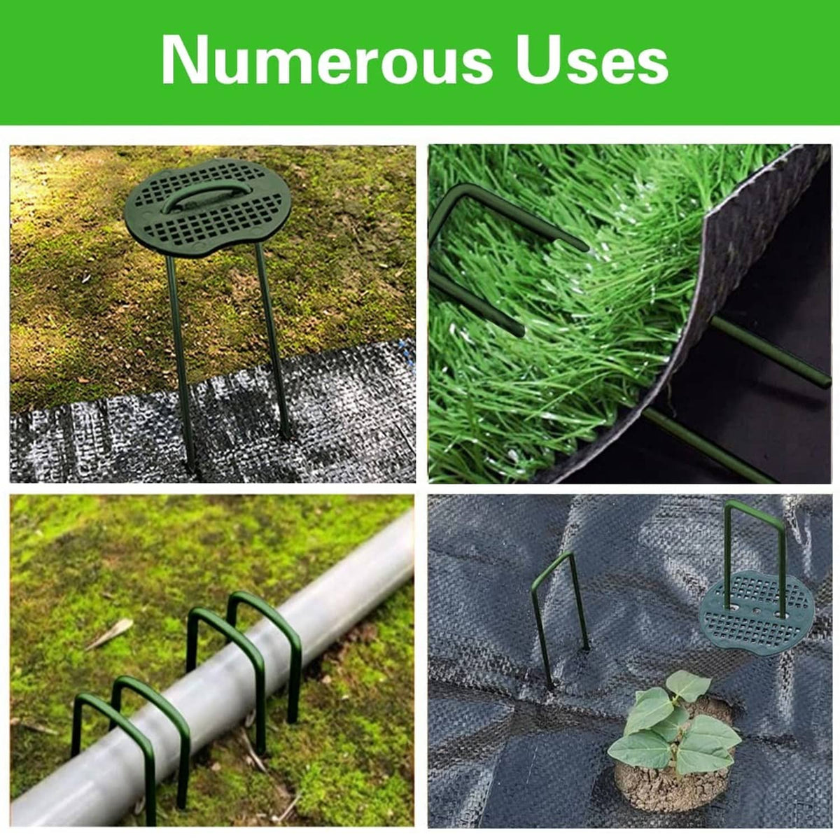Green weed barrier staple stakes with perforated washer heads for outdoor fabric