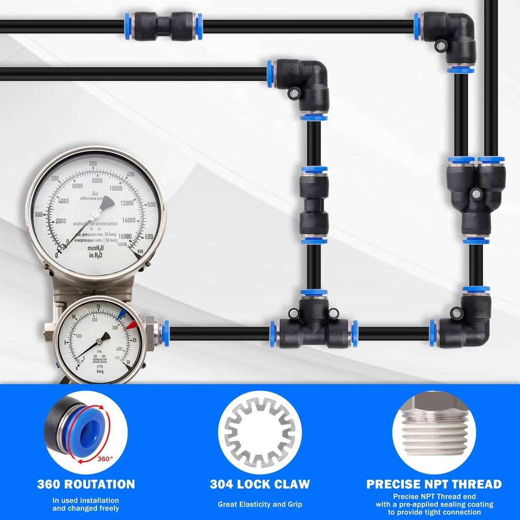 Black air line tubing with blue connectors, branching lines, and pressure gauges