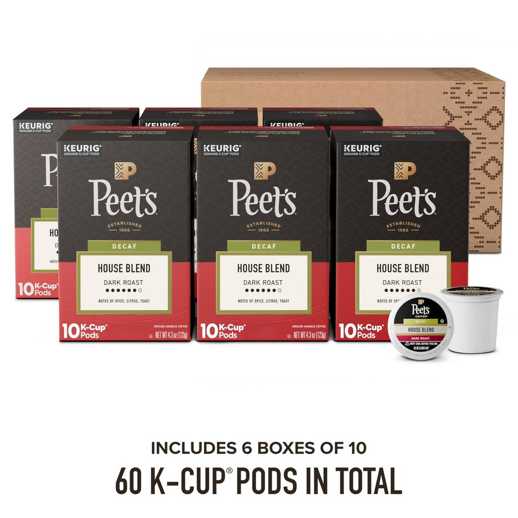 Set of Peet's decaf house blend dark roast K-Cup boxes, 6 boxes total