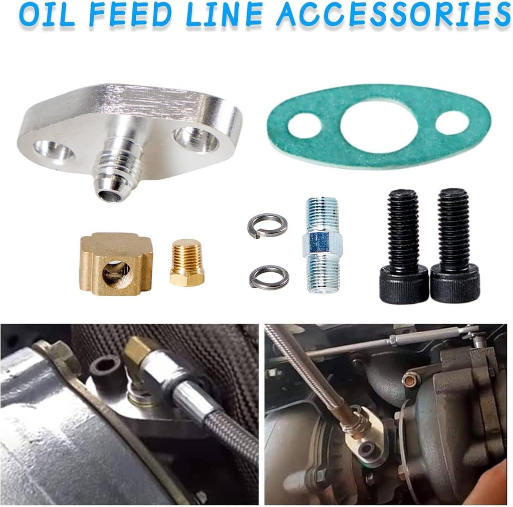 Oil feed line accessories with mounting bracket, teal gasket, brass fitting, and threaded pieces