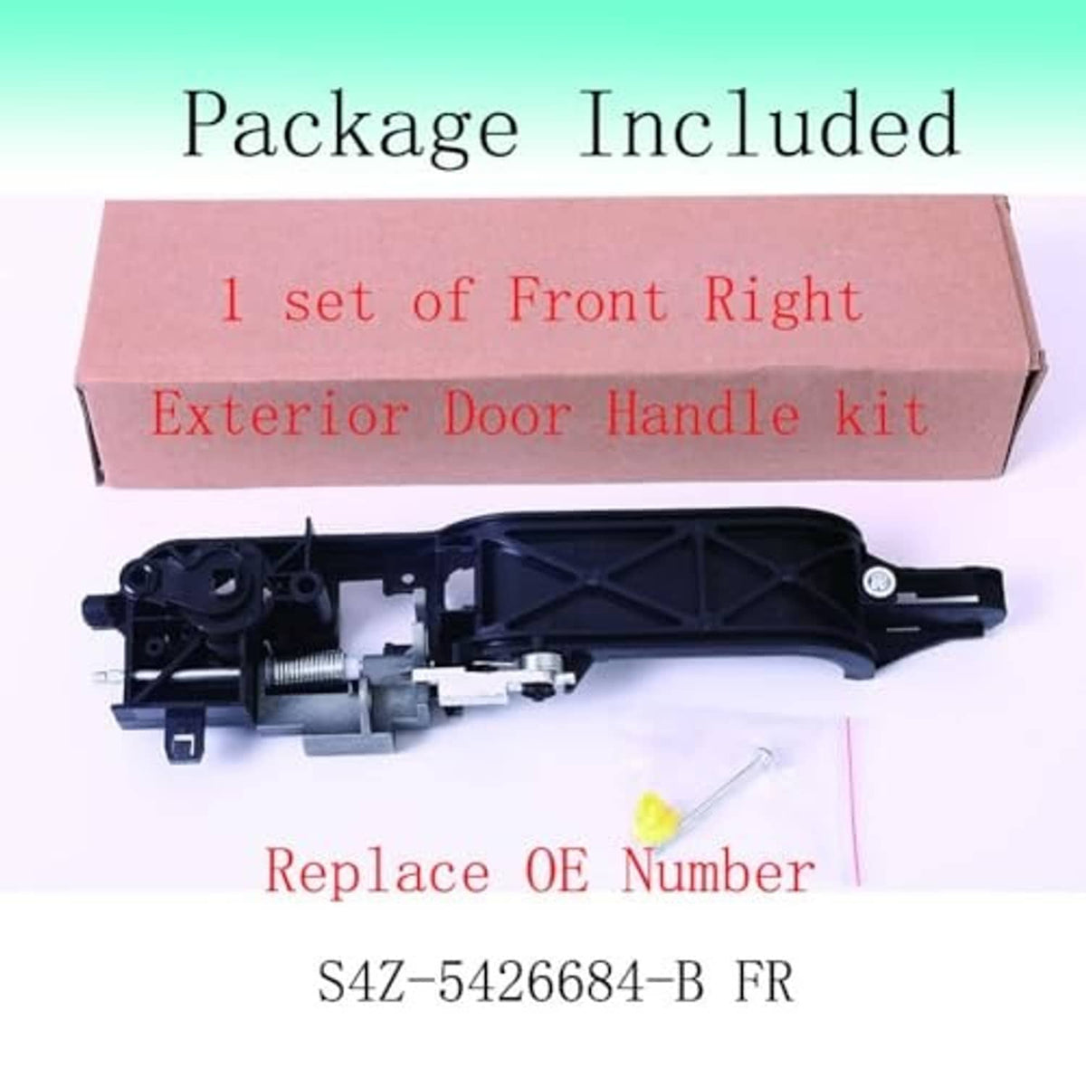Package with one set of front right exterior door handle kit, black part and screw included
