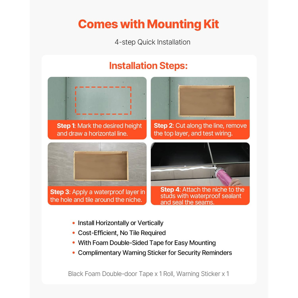 Recessed shower niche wall shelf installation guide with mounting kit steps and notes