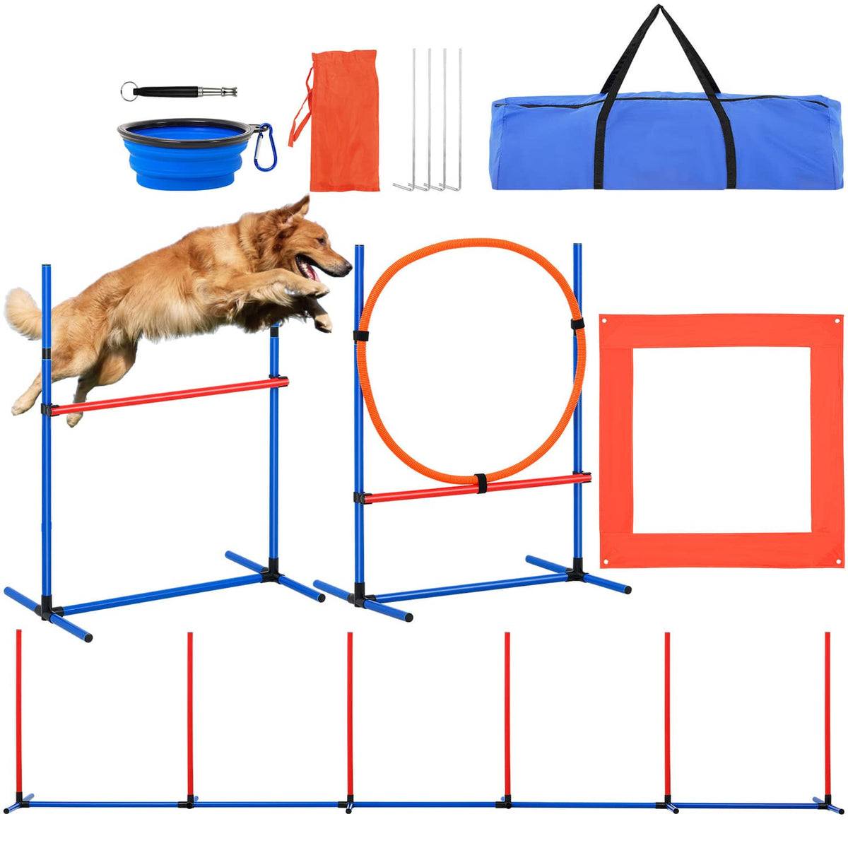 Dog agility training hurdle set with orange hoop ring and red pause box components