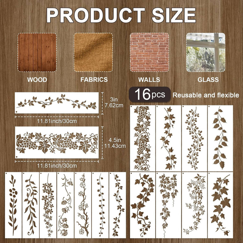 16-piece leaf and vine stencil set with size chart and assorted patterns