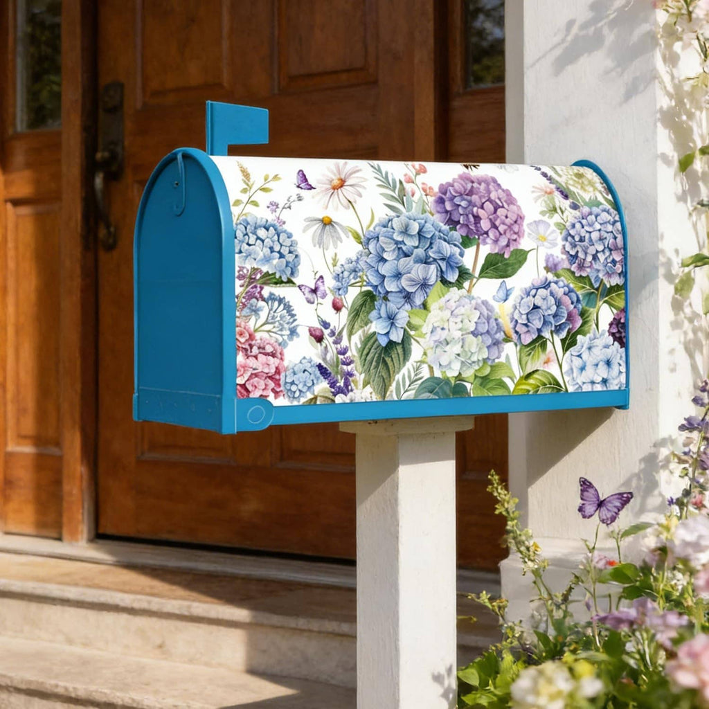 Floral hydrangea magnetic mailbox cover with blue frame, side view on post