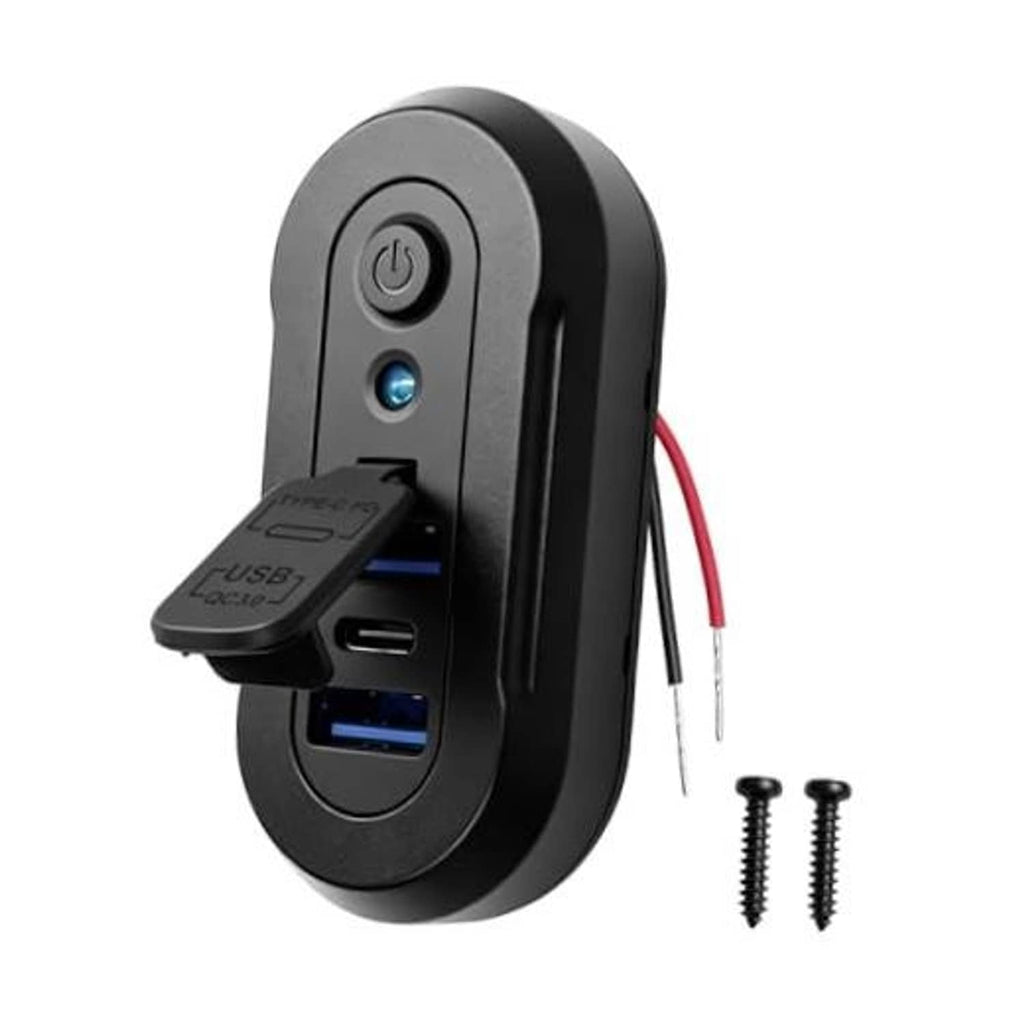 Black wall-mount USB outlet panel with power button, USB-A and USB-C ports, screws