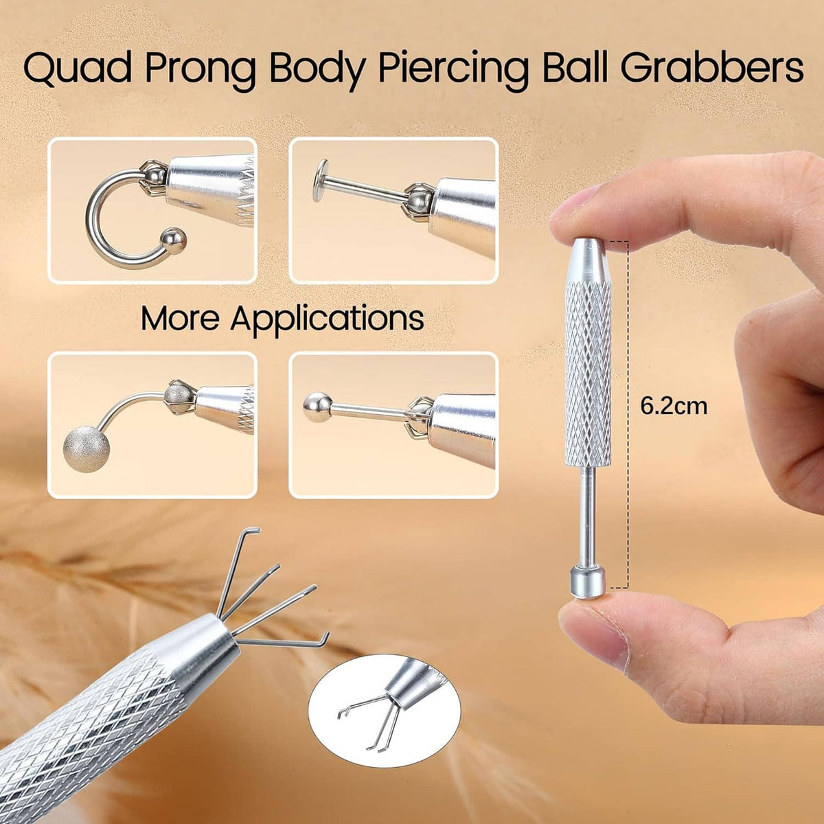 Quad prong body piercing ball grabber tool with 6.2cm taper rod and attachments