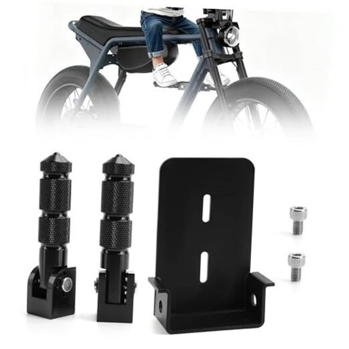 Pair of black folding front foot pegs with textured grip and mounting hardware