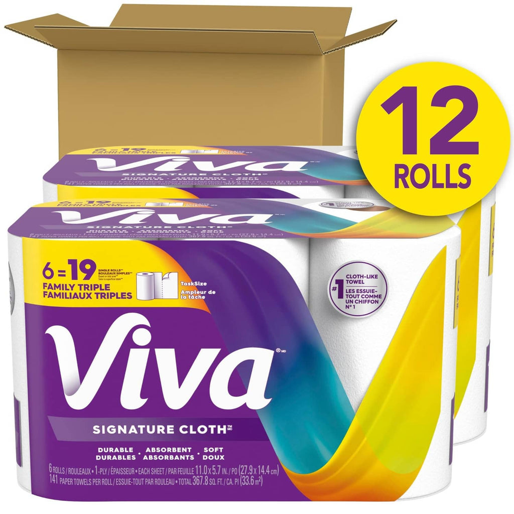Cloth-like paper towel rolls in an open box, white rolls with purple wrap