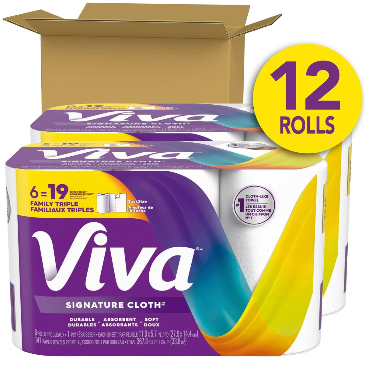 Cloth-like paper towel rolls in an open box, white rolls with purple wrap