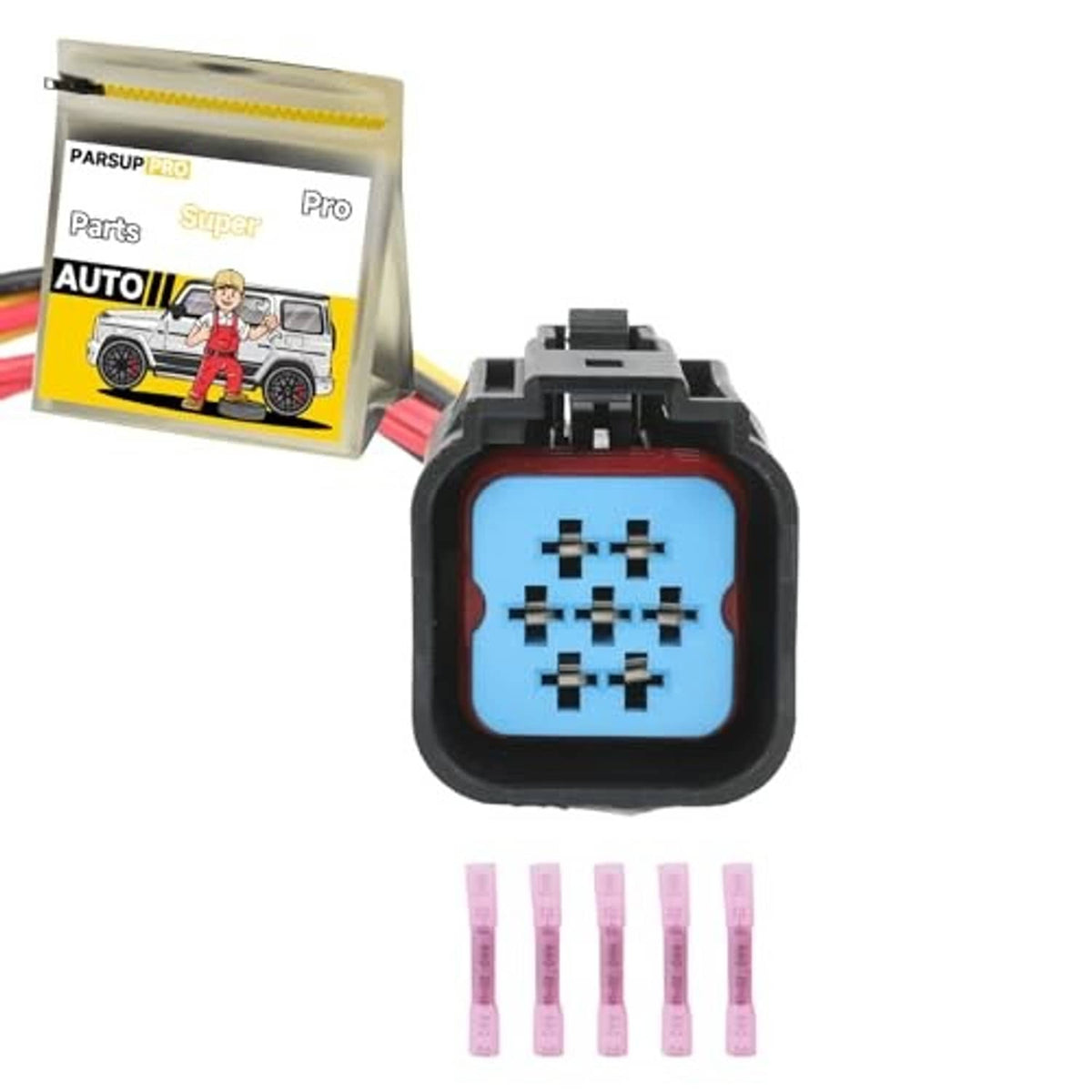 Auto headlight sensor connector plug with blue contact panel, black body, wiring harness leads