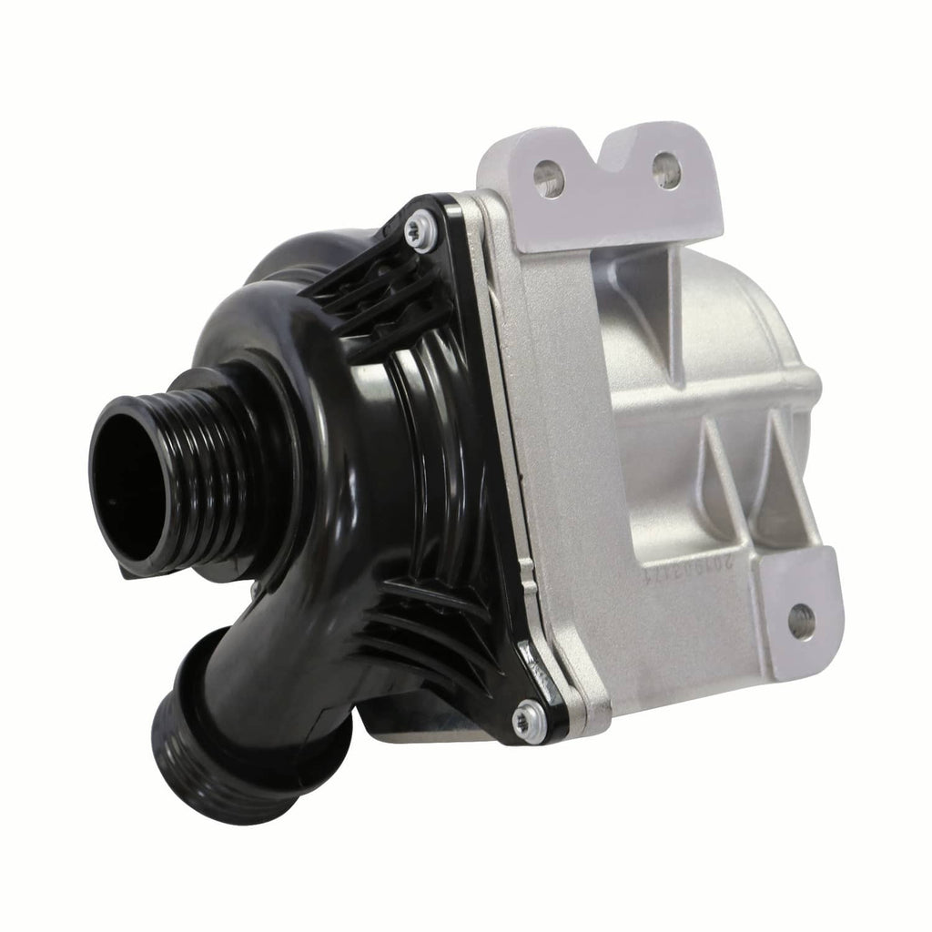 Electric water pump, end view, black hose ports with silver mounting bracket
