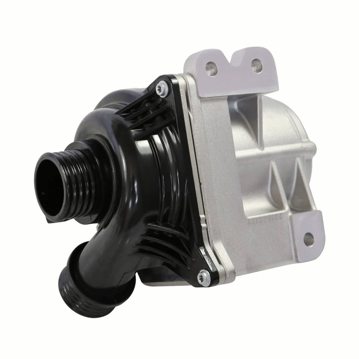 Electric water pump, end view, black hose ports with silver mounting bracket