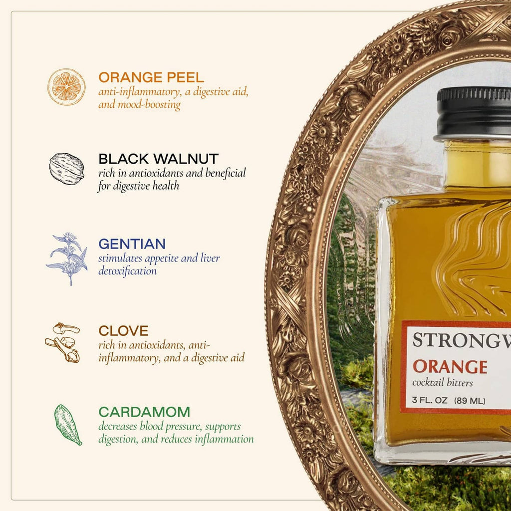 Orange bitters bottle with ingredient icons: orange peel, black walnut, gentian, clove, cardamom